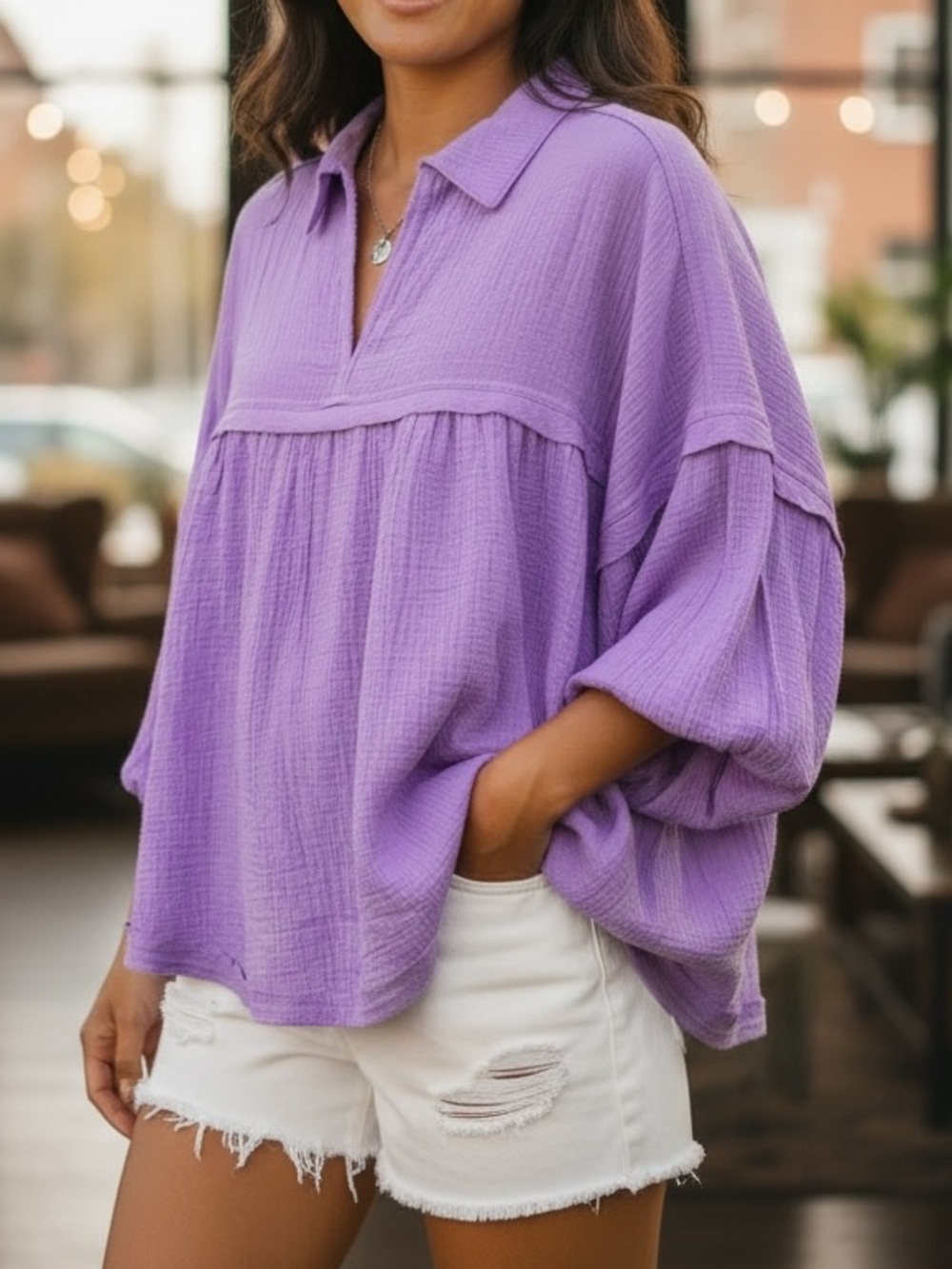 ZENANA Lilac Gauze Relaxed Fit Babydoll 100% Cotton Top - L/XL